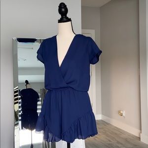 Ruffle Leg Navy Plunge Neck Romper, Small